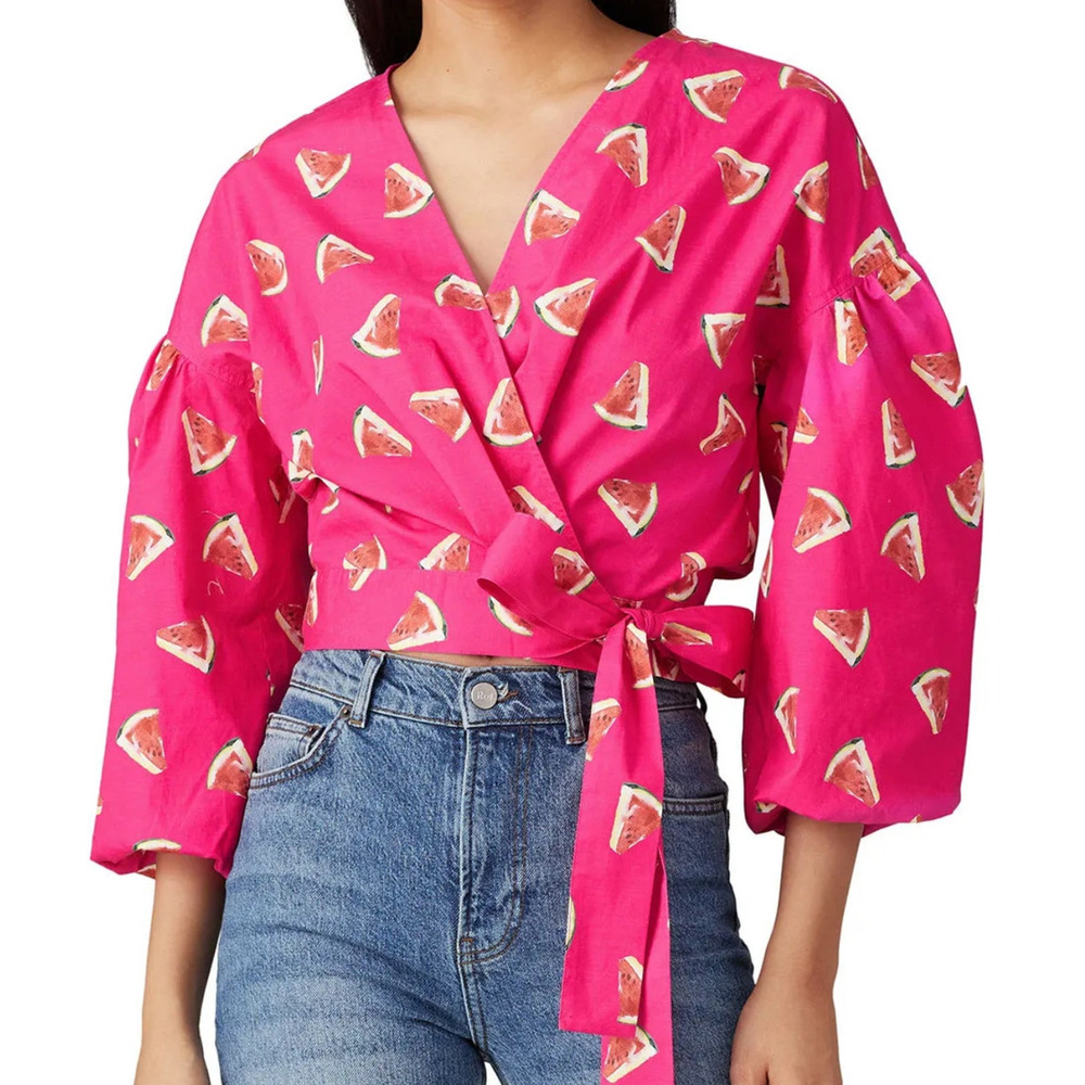 Color Me Courtney Emily Wrap Top XS Novelty Watermelon Pink Puff Sleeve Cropped